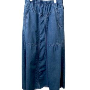 Ebossy, Elastic Waist, Denim, Raw Hem, Rear Pockets Maxi Skirt